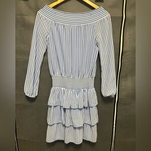 Michael Kors Blue and White Striped Off-Shoulder Ruffel  Dress